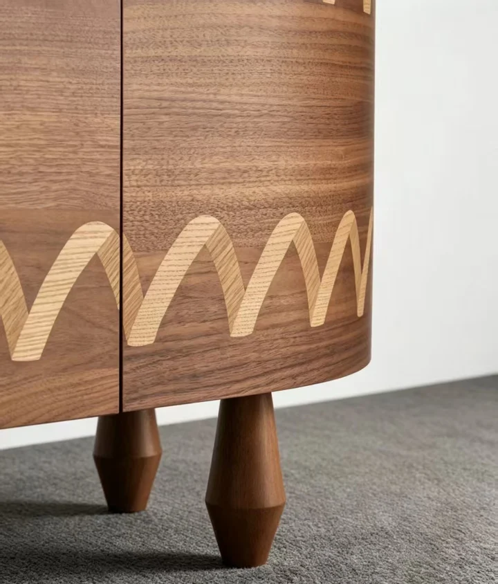 Mid-Century Walnut Marquetry Sideboard: Curved Form and Wave Inlay — 4