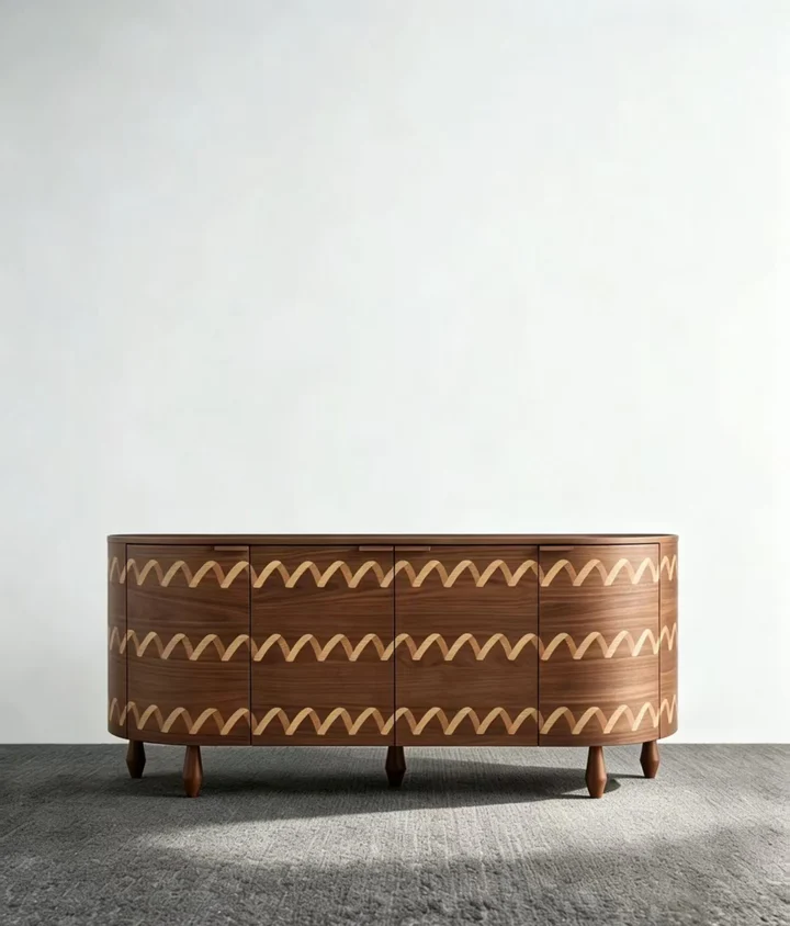 Mid-Century Walnut Marquetry Sideboard: Curved Form and Wave Inlay — 1