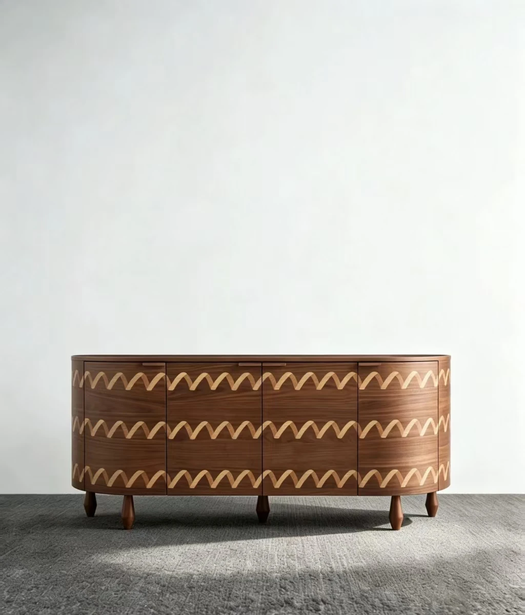 Aparador de inspiración mid-century: curvas y marquetería ondulada