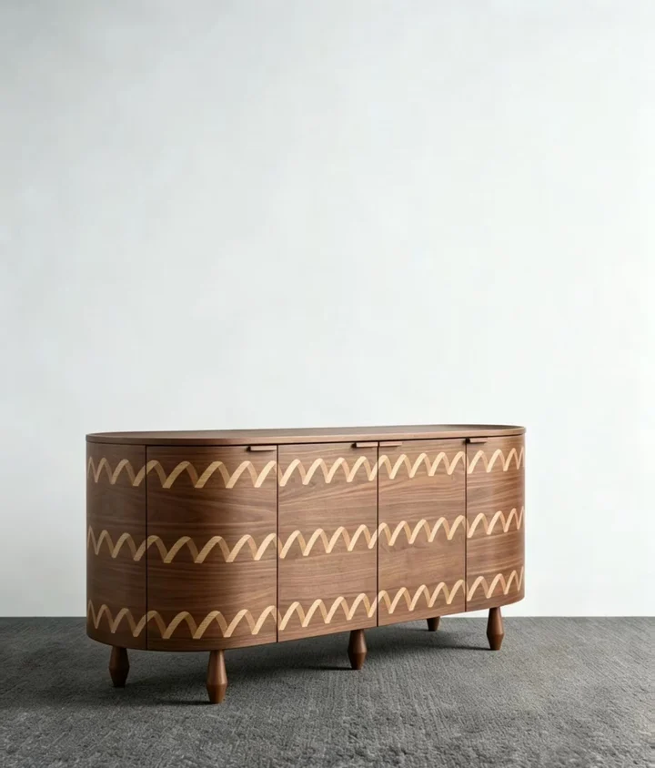 Mid-Century Walnut Marquetry Sideboard: Curved Form and Wave Inlay — 2