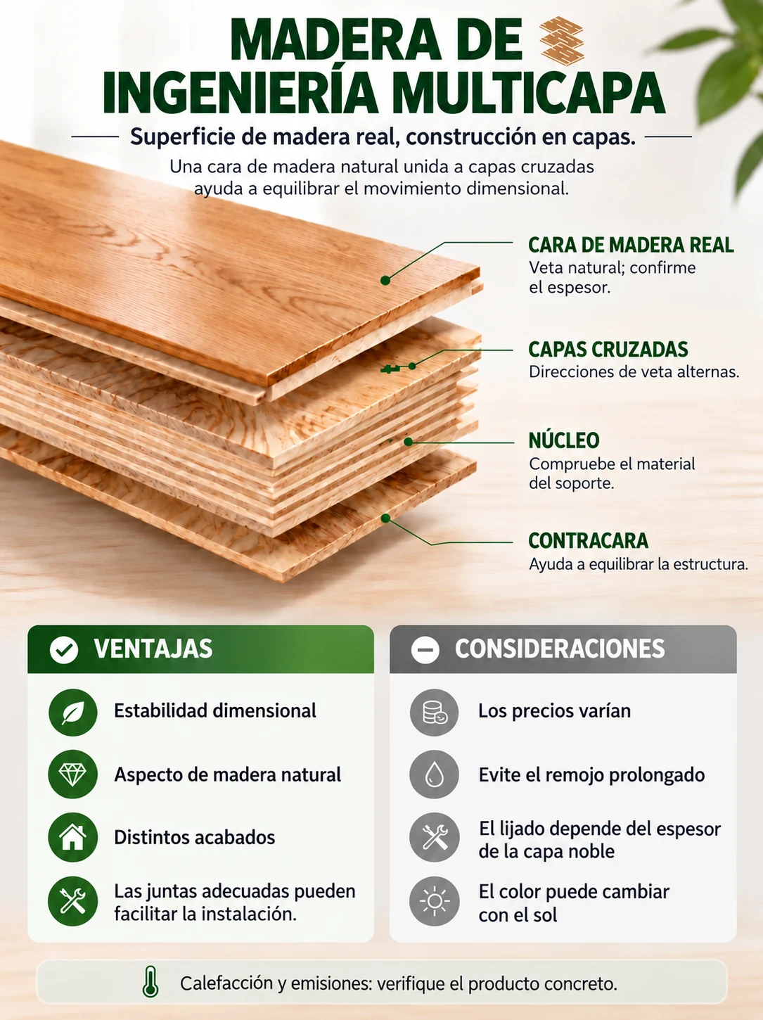Madera de ingeniería multicapa: cara, capas cruzadas, núcleo y contracara.