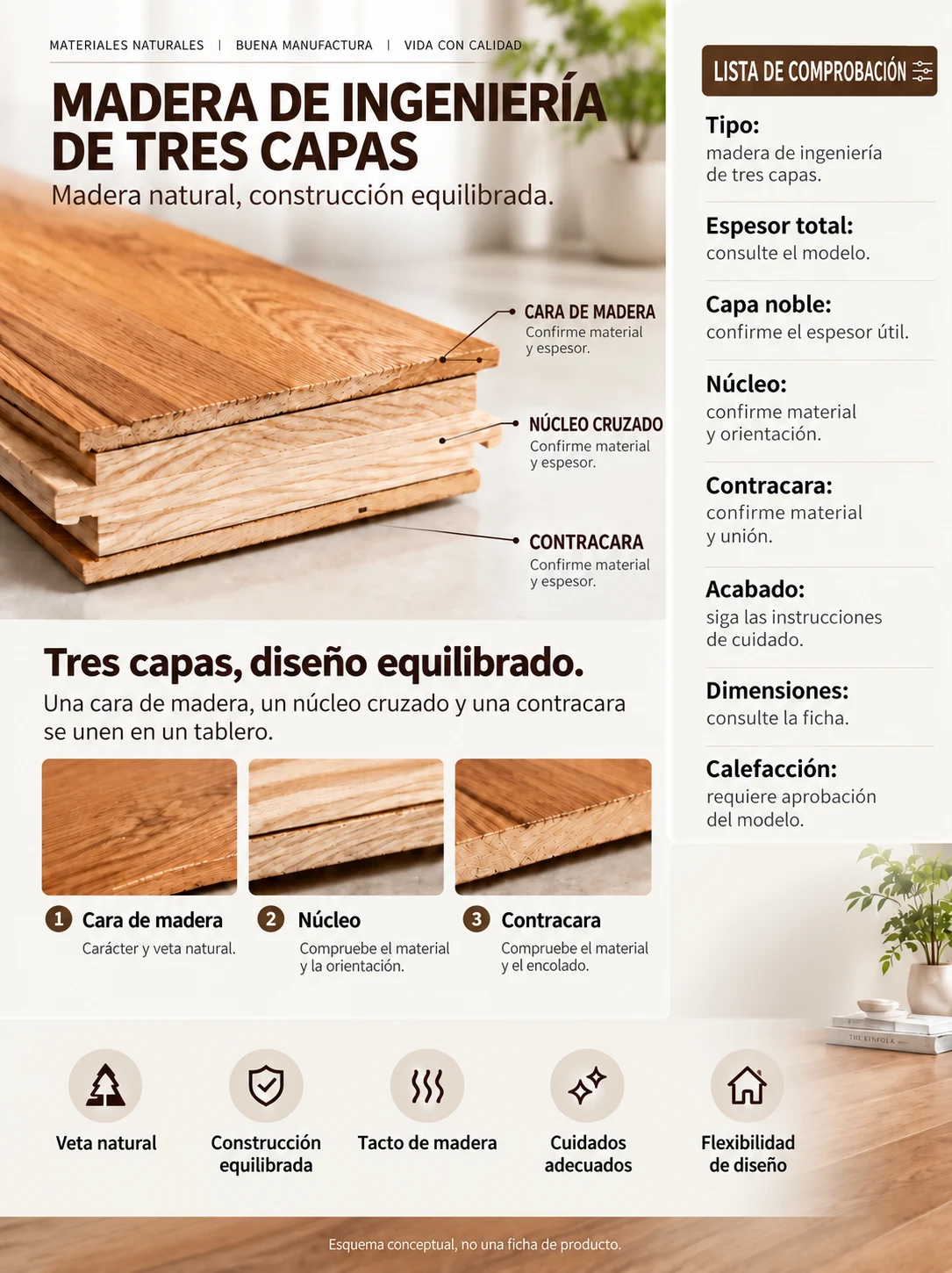 Madera de ingeniería de tres capas: esquema conceptual y lista de comprobación.