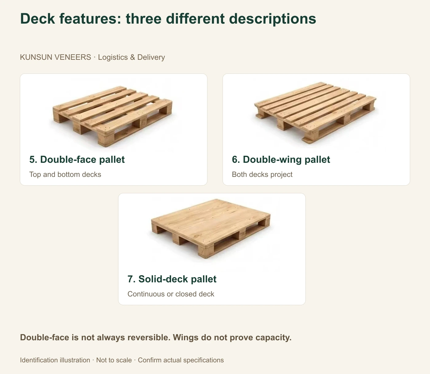 Double-face, double-wing and solid decks: check reversibility, projections and surface design.