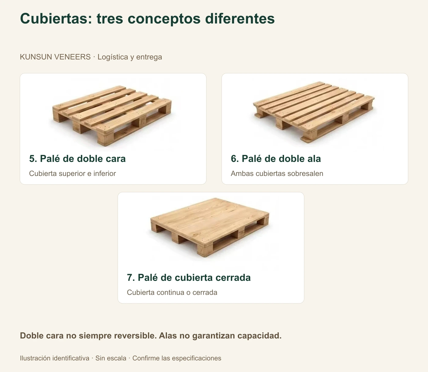 Doble cara, doble ala y cubierta cerrada: confirme reversibilidad, salientes y superficie.