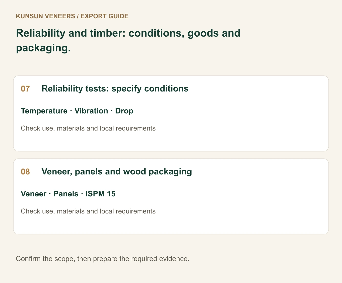 Reliability and timber: conditions, goods and packaging.