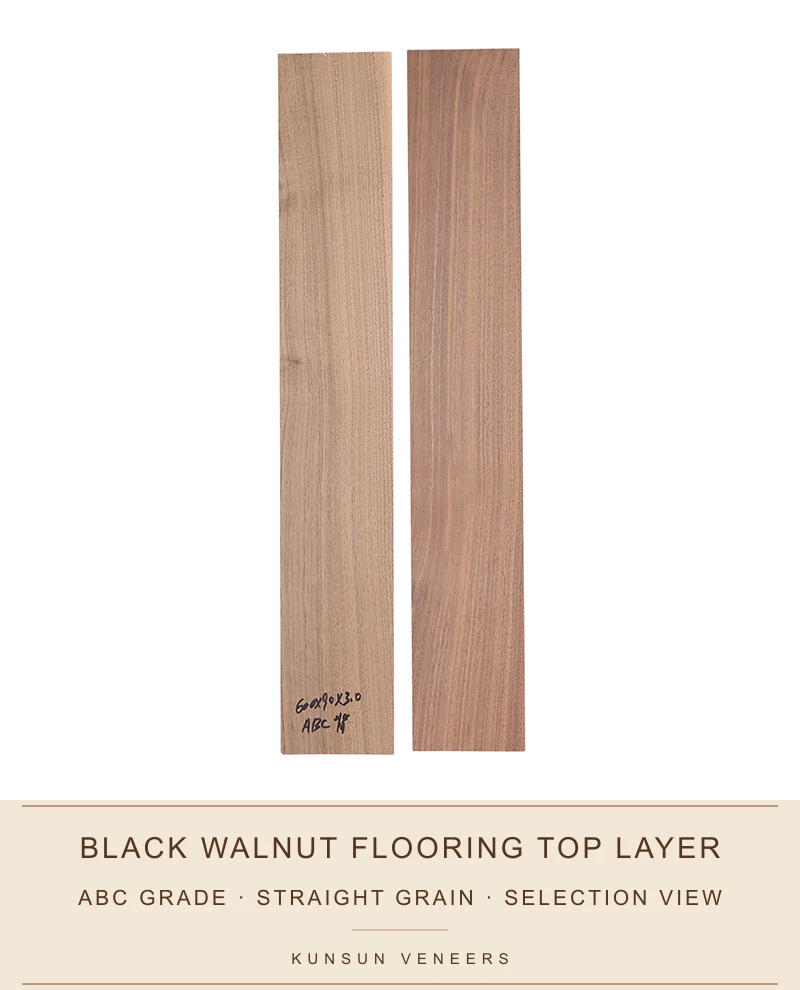 Paired selection view of ABC grade straight-grain black walnut flooring top layers.
