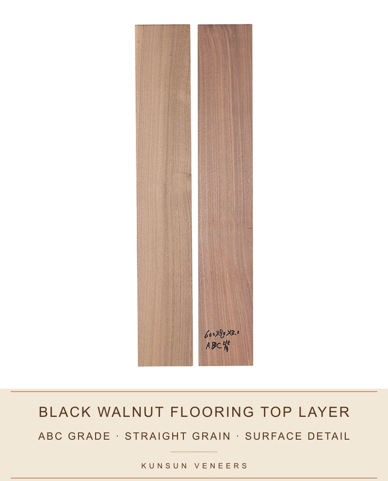 Closer view of ABC grade black walnut flooring top layers showing straight-grain texture.