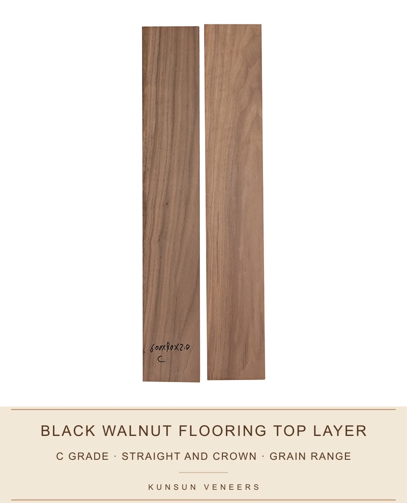 C grade black walnut flooring top-layer pair showing straight & crown grain and natural colour variation.