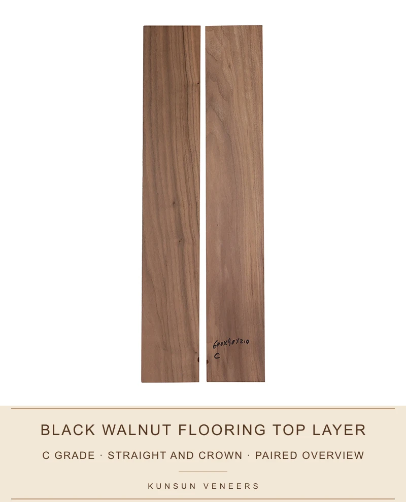 C grade black walnut flooring top-layer pair showing straight & crown grain and natural colour variation.