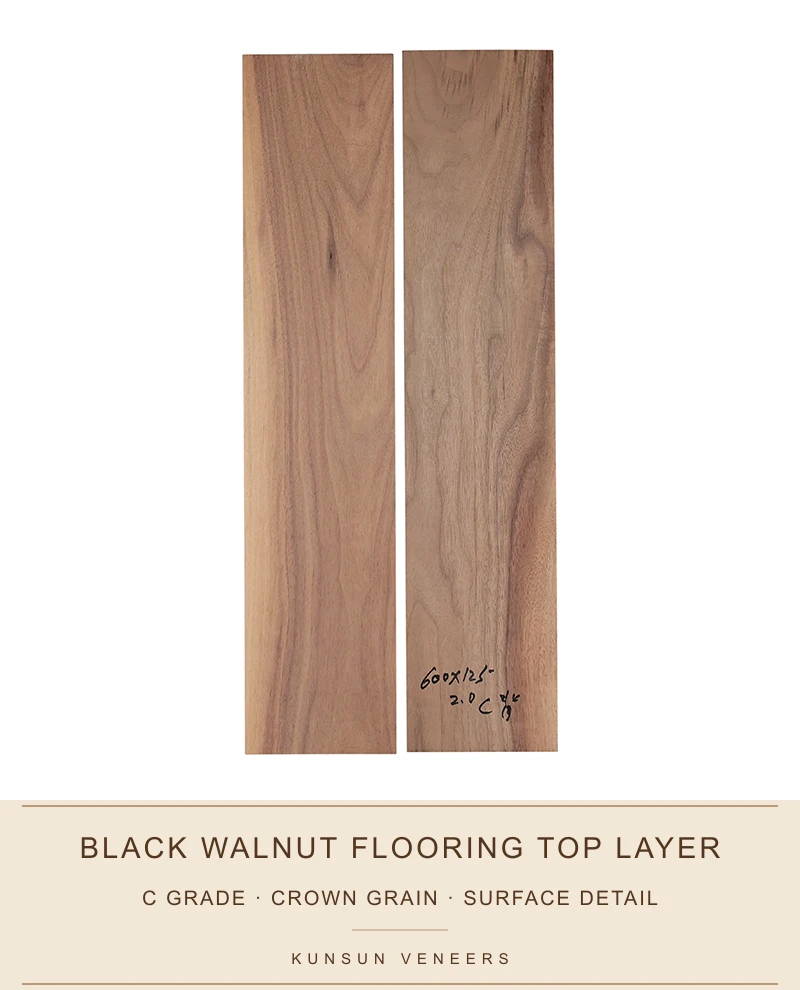 C grade black walnut flooring top-layer pair showing straight & crown grain and natural colour variation.
