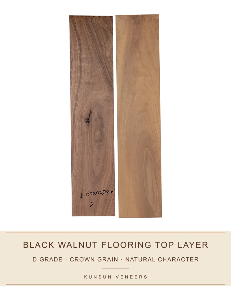 D grade black walnut flooring top-layer pair showing crown grain and natural colour variation.