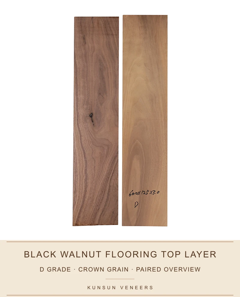 D grade black walnut flooring top-layer pair showing crown grain and natural colour variation.