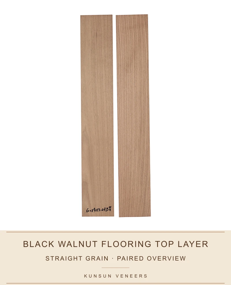 Paired AB grade black walnut flooring top layers showing straight grain and natural colour variation.