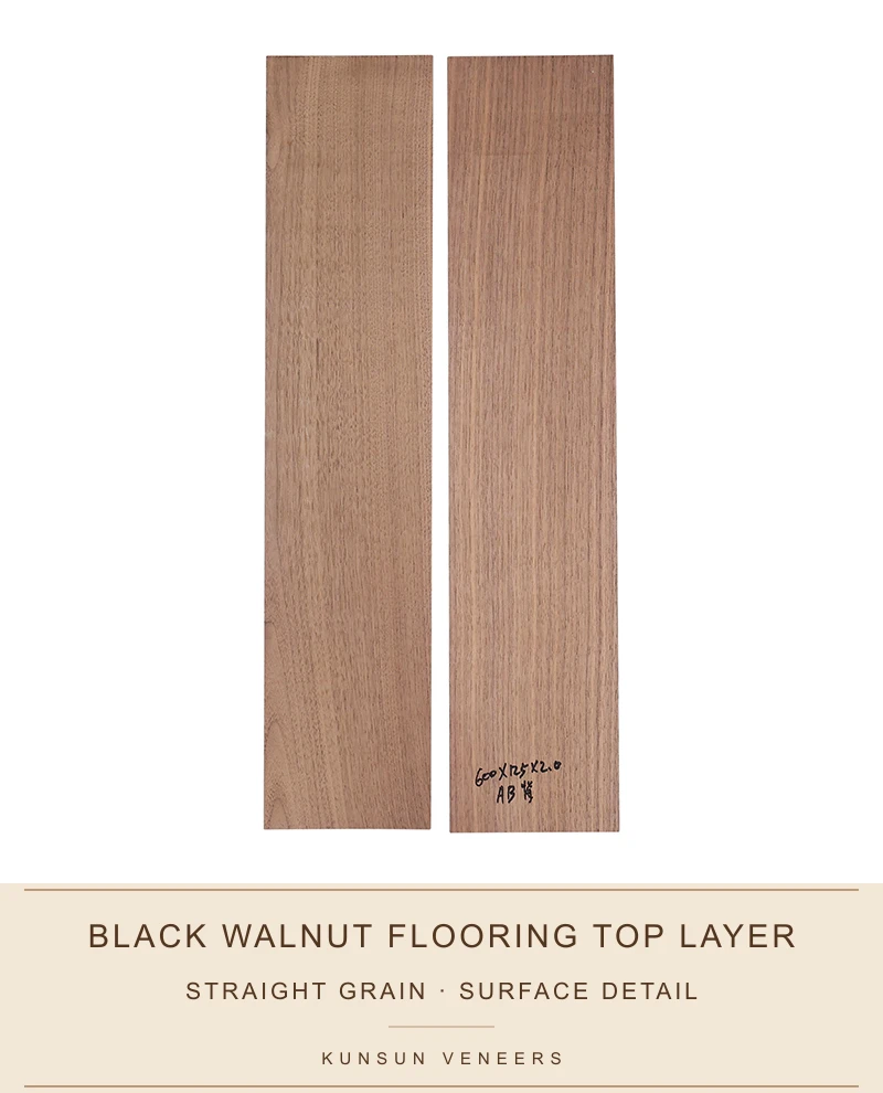 Closer view of AB grade black walnut flooring top layers showing straight grain texture.