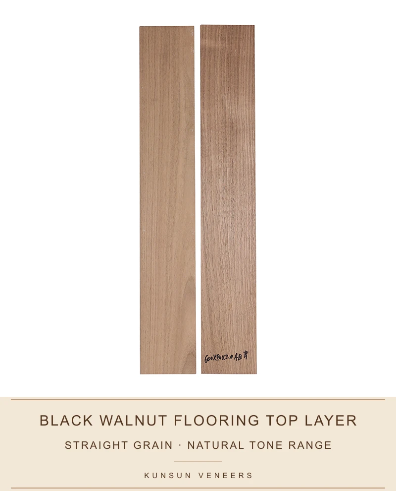 Black walnut flooring top-layer selection showing straight grain and natural walnut tone range.