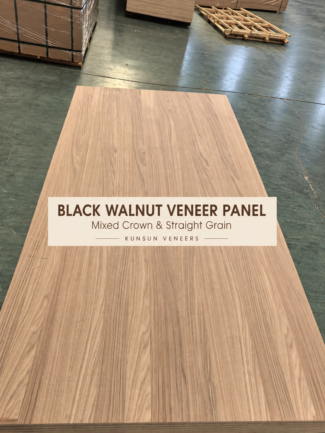 Black walnut veneer panel with mixed crown and straight grain.