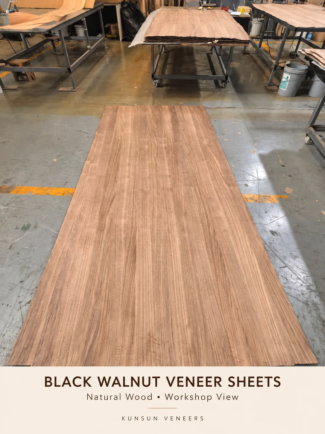 Veneer sheets in the workshop, showing the facing material before bonding to a panel substrate.