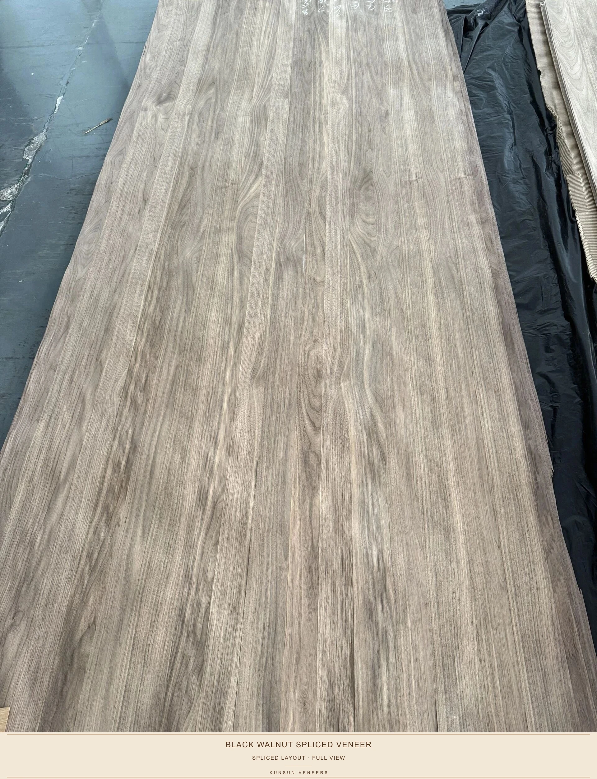 Full view of the spliced layout and mixed natural black walnut grain.