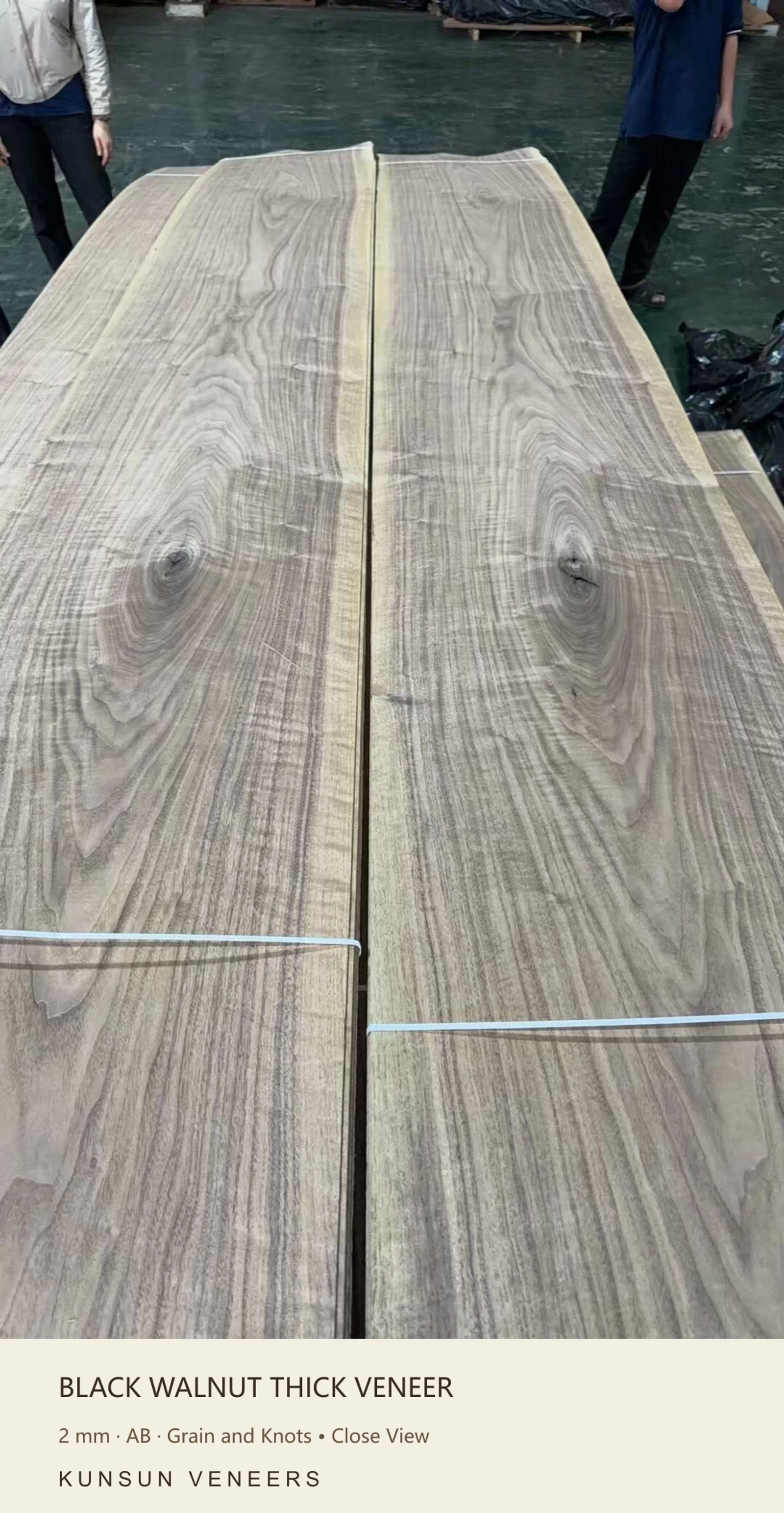AB grade 2 mm black walnut thick veneer: Grain and Knots • Close View