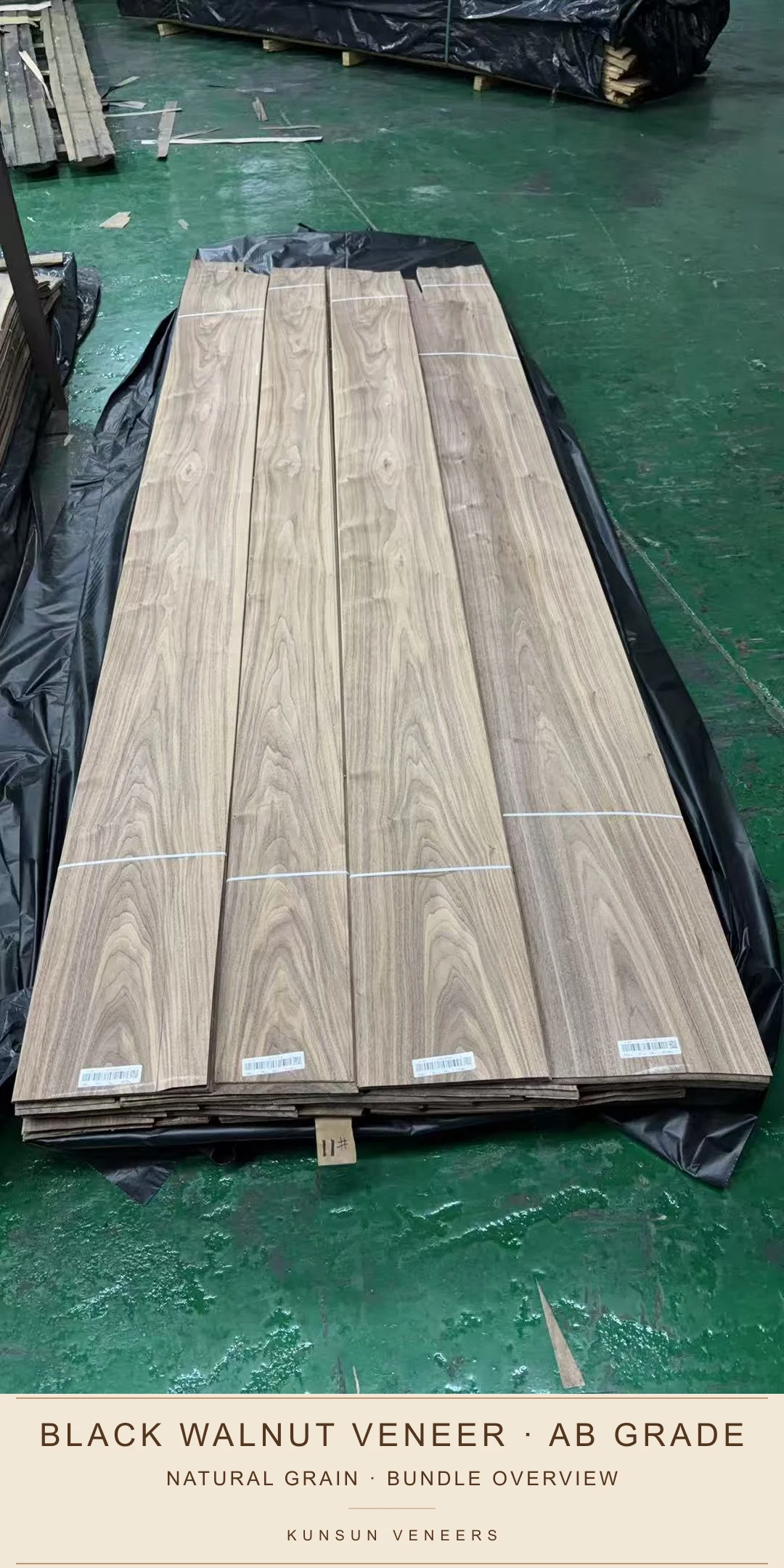 Bundle overview of AB grade black walnut veneer showing natural grain variation.