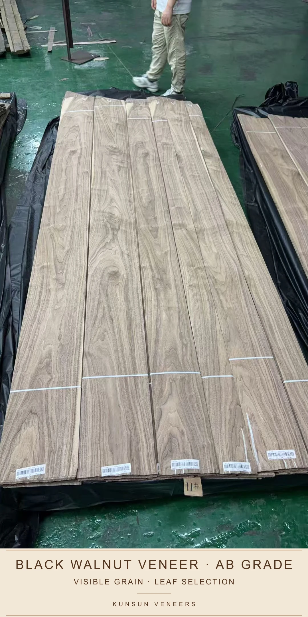 AB grade black walnut veneer leaves showing the visible grain range.