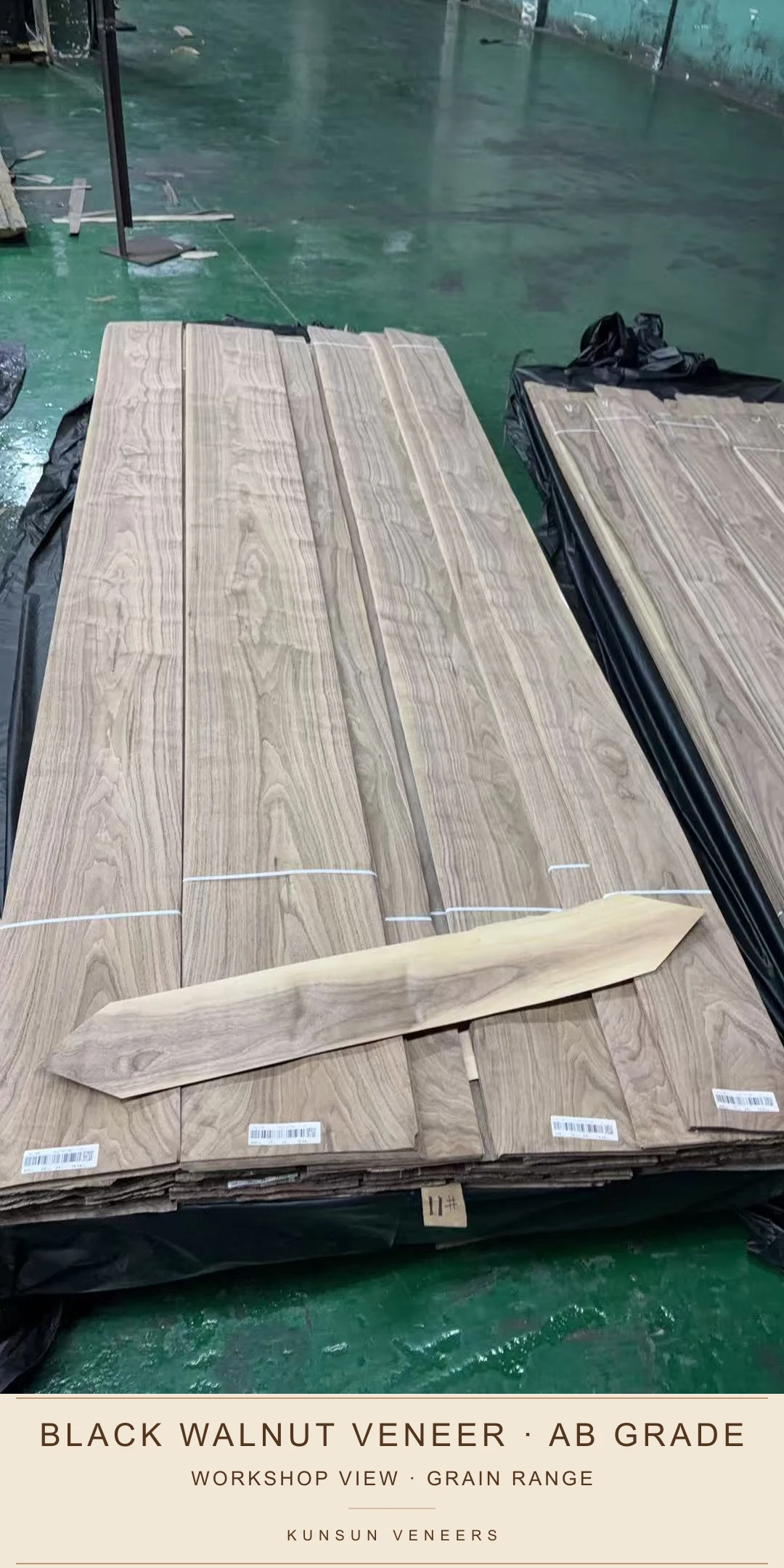 Workshop view showing AB grade veneer bundles and natural colour variation.
