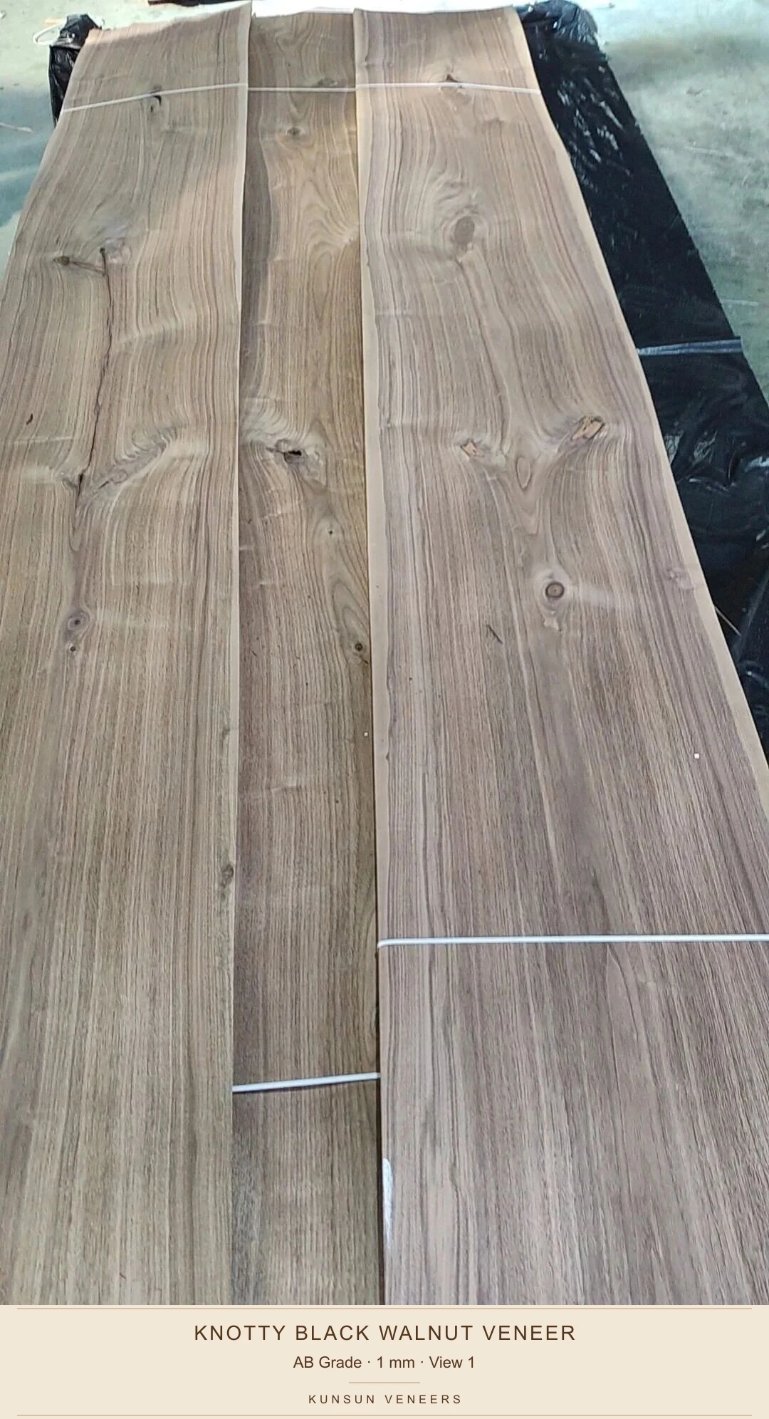 View 1 of actual AB black walnut thick veneer bundles, showing natural knots, openings and grain variation.