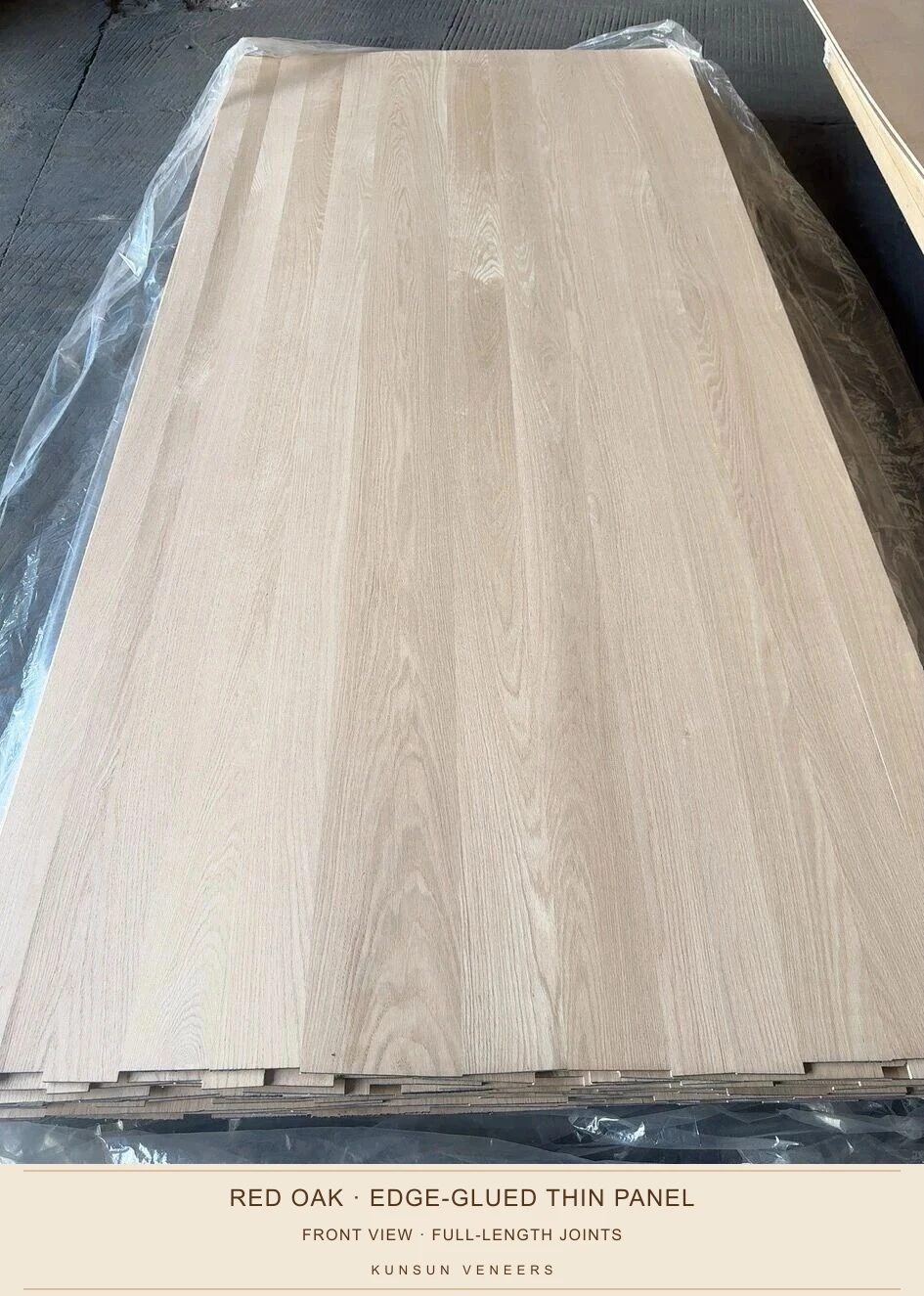 Front view of stacked red oak thin panels showing parallel full-length joints and natural crown and straighter grain areas.