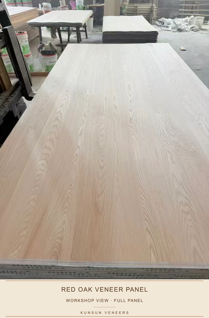 Workshop view of the red oak veneered panel and its natural grain distribution.