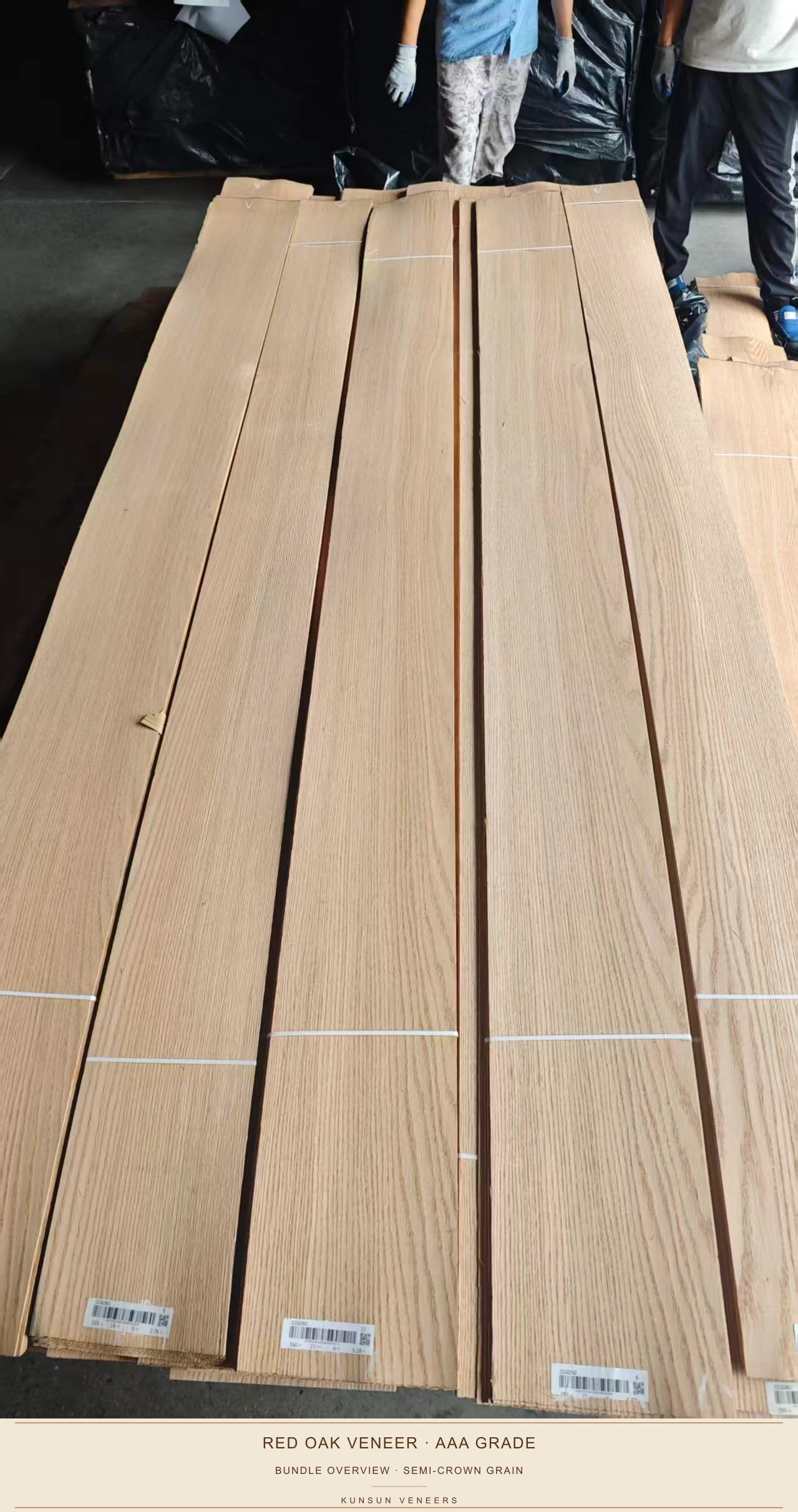 Bundle overview of AAA grade 2mm red oak veneer leaves showing semi-crown grain.