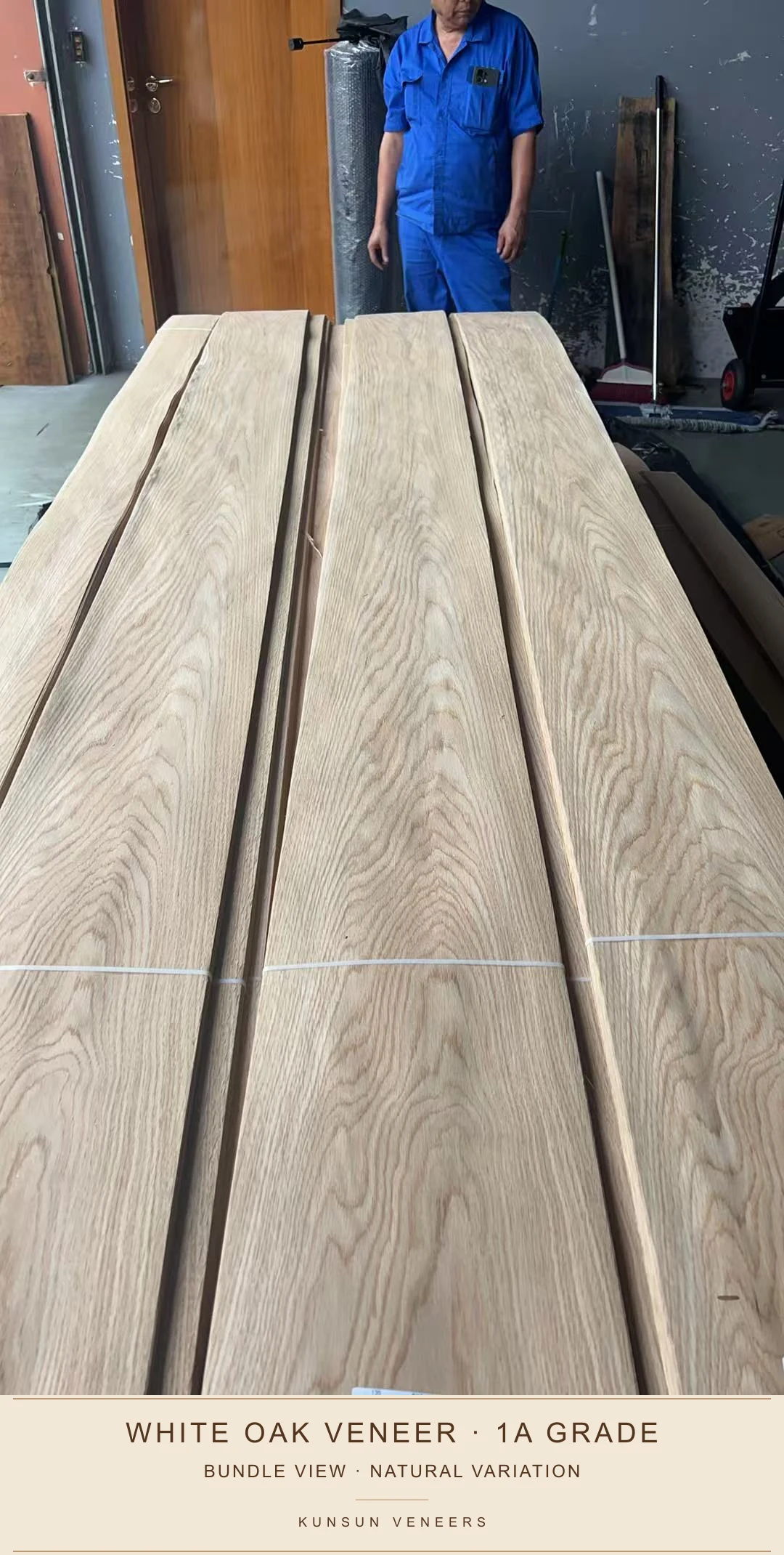 Bundle overview showing multiple loose white oak veneer leaves and natural grain variation.