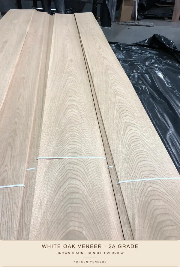 2A级白橡木皮片材整体展示,可见明显花纹。